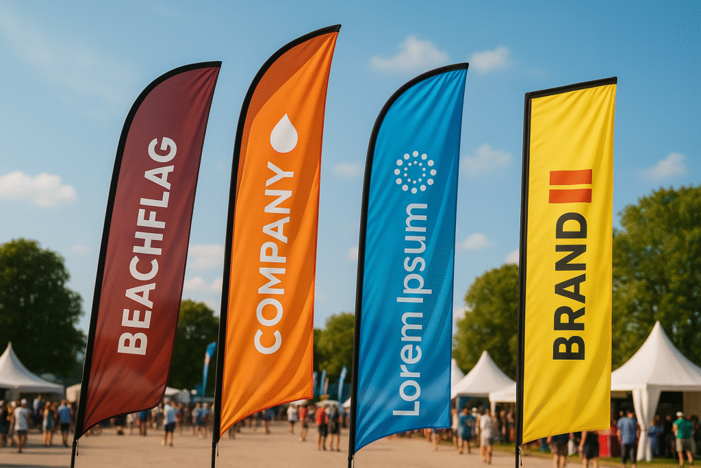Kleurrijke bedrukte beachflags wapperen bij een zomers evenement.