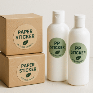 Duurzame verpakkingen met papieren stickers op papier en PP stickers op plastic – milieuvriendelijk en recyclebaar