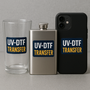 Voorbeelden van UV-DTF transfers op glas, metaal en kunststof