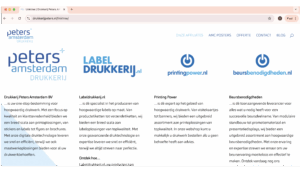 Overzicht van Linktree-pagina van Drukkerij Peters met logo’s en beschrijvingen van Labeldrukkerij.nl, PrintingPower.nl en BeursBenodigdheden.nl