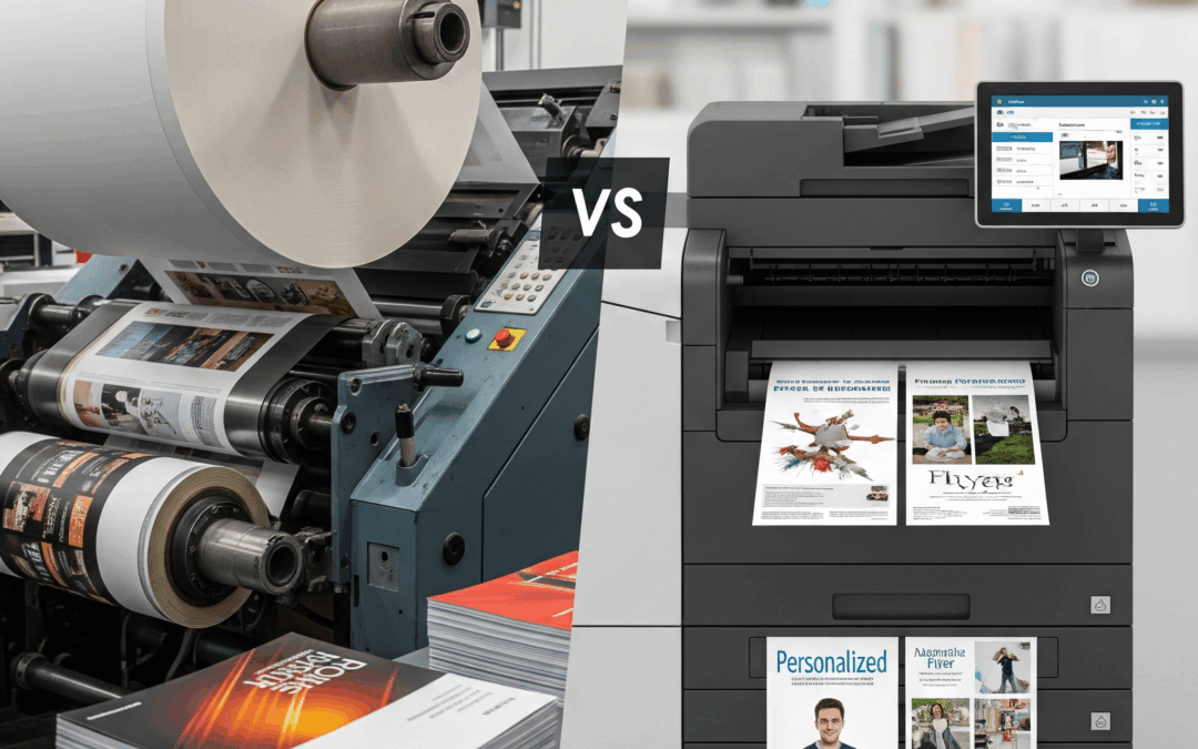 "Vergelijking van een offset drukpers die hoogwaardige brochures produceert versus een digitale drukker die gepersonaliseerde flyers afdrukt, als illustratie van de verschillen tussen offset en digitaal drukwerk."