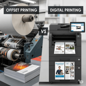 "Vergelijking van een offset drukpers die hoogwaardige brochures produceert versus een digitale drukker die gepersonaliseerde flyers afdrukt, als illustratie van de verschillen tussen offset en digitaal drukwerk."