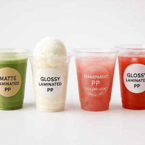 “PP stickers op rol voor plastic bekers – rond en conisch – mat en glans gelamineerd, voor matcha, ijs en Dubai cups.”